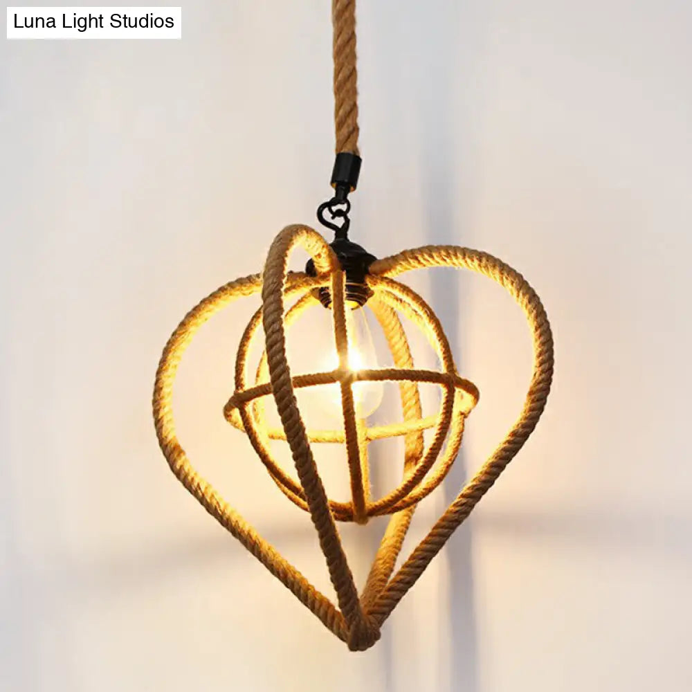 Rustic Hemp Rope Caged Pendant Light Fixture - Brown 1 Bulb Ideal For Restaurants / J