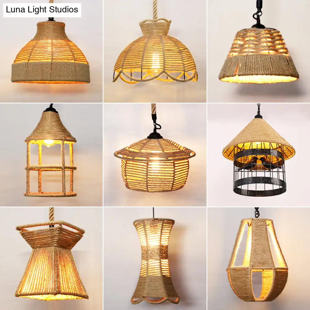 Hemp Rope Rustic Pendant Light With Caged Design And Brown Finish For Restaurants