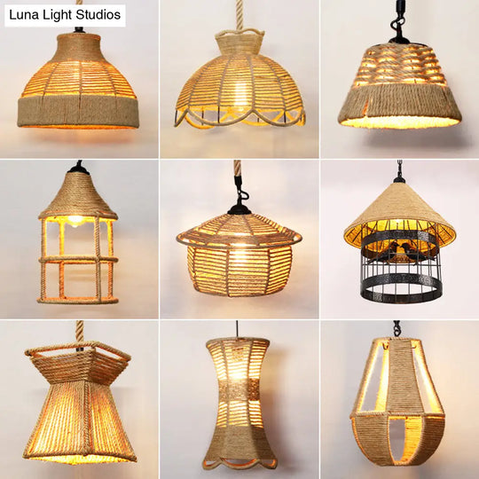 Hemp Rope Rustic Pendant Light With Caged Design And Brown Finish For Restaurants