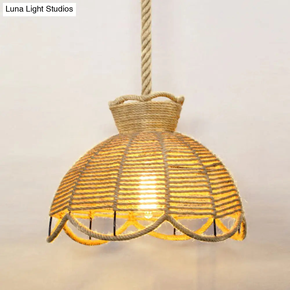 Rustic Hemp Rope Caged Pendant Light Fixture - Brown 1 Bulb Ideal For Restaurants / H