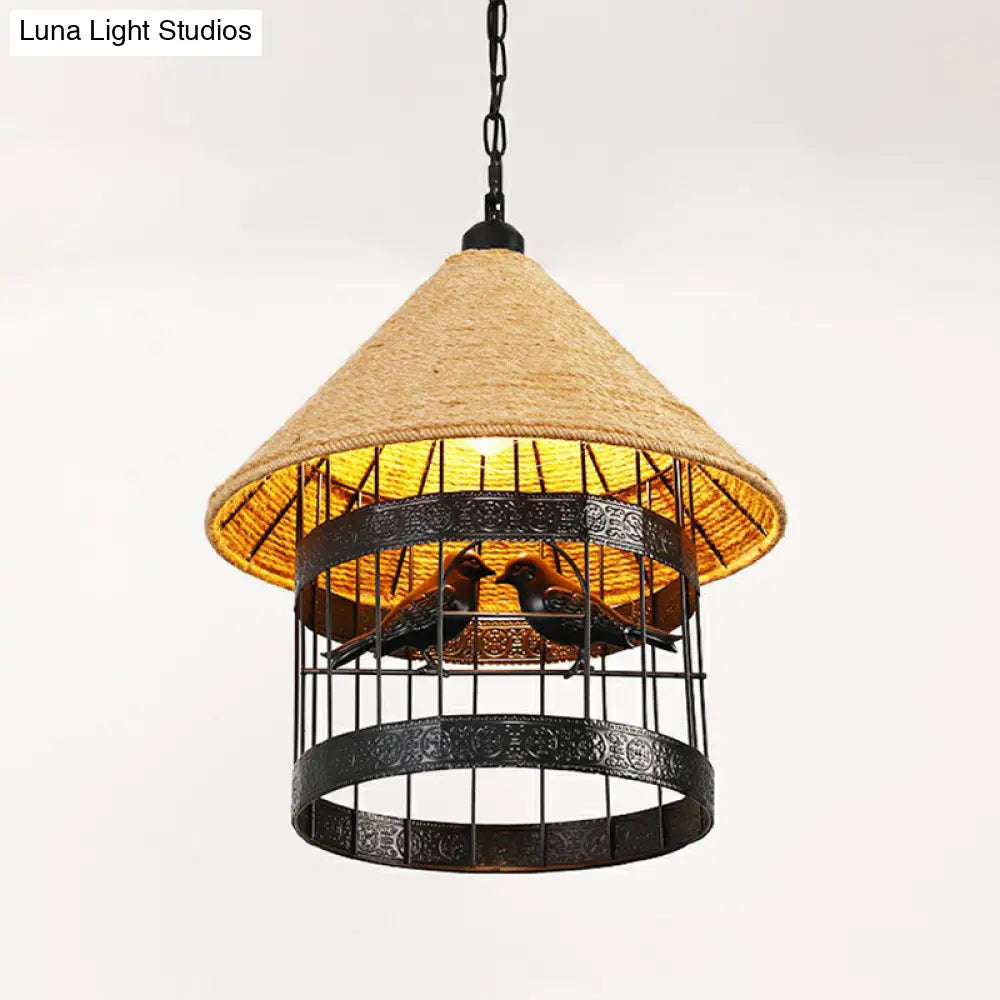 Rustic Hemp Rope Caged Pendant Light Fixture - Brown 1 Bulb Ideal For Restaurants / G