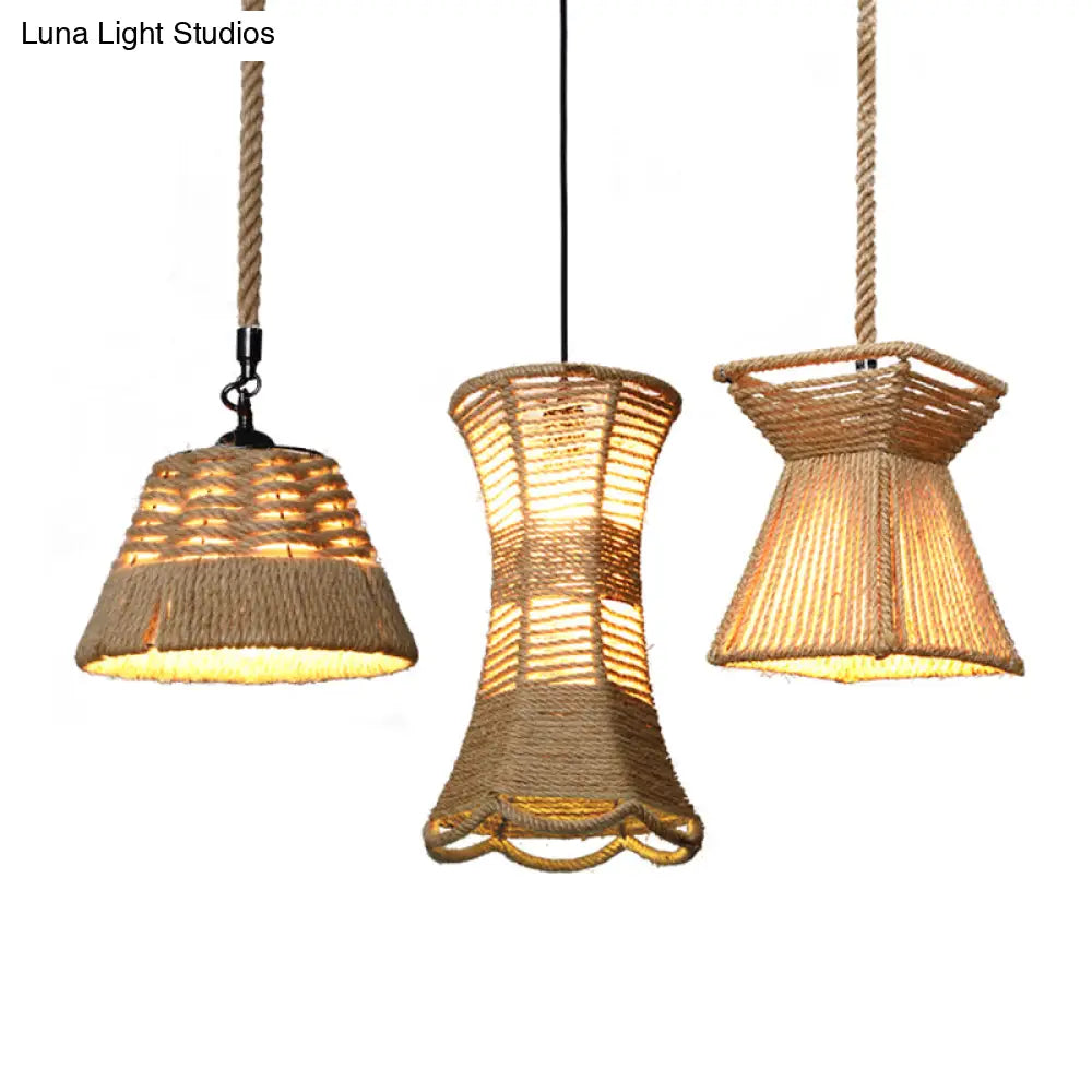 Hemp Rope Rustic Pendant Light With Caged Design And Brown Finish For Restaurants