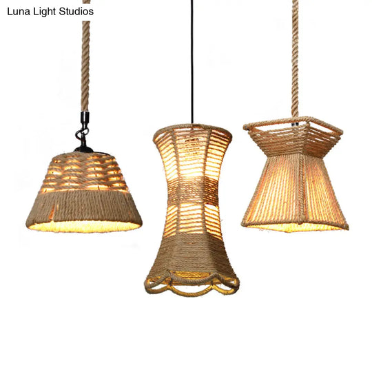 Hemp Rope Rustic Pendant Light With Caged Design And Brown Finish For Restaurants