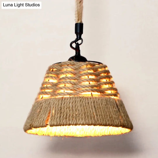 Rustic Hemp Rope Caged Pendant Light Fixture - Brown 1 Bulb Ideal For Restaurants / C