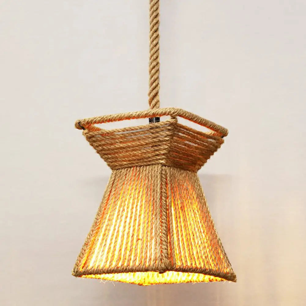 Hemp Rope Rustic Pendant Light With Caged Design And Brown Finish For Restaurants / A