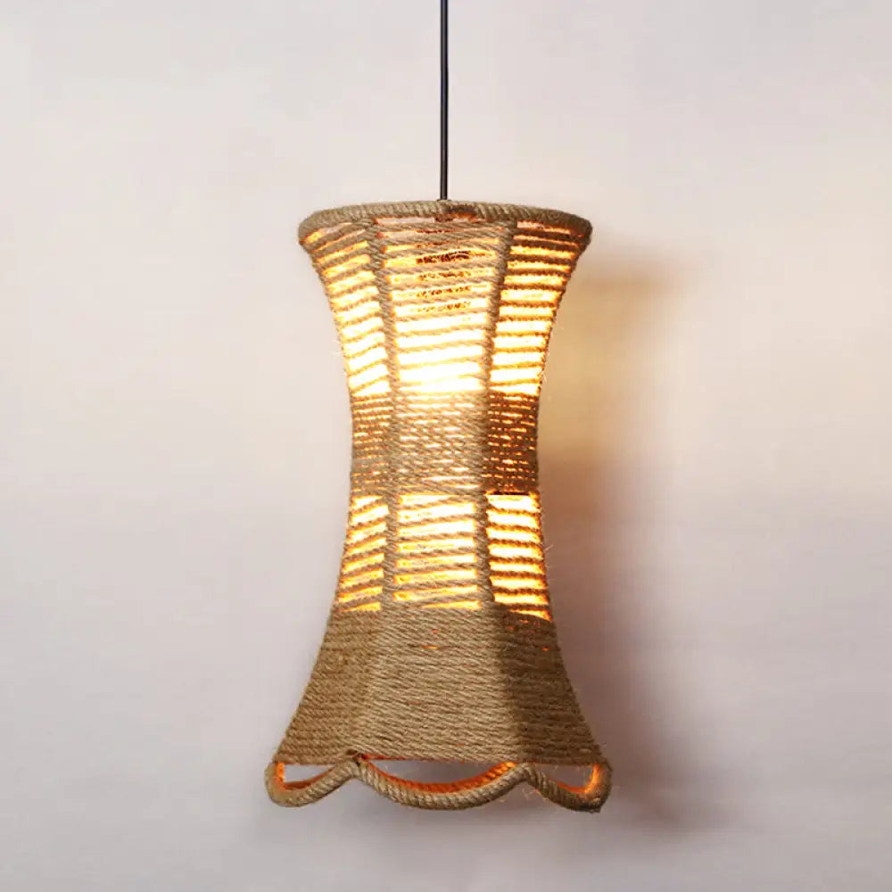 Hemp Rope Rustic Pendant Light With Caged Design And Brown Finish For Restaurants / B