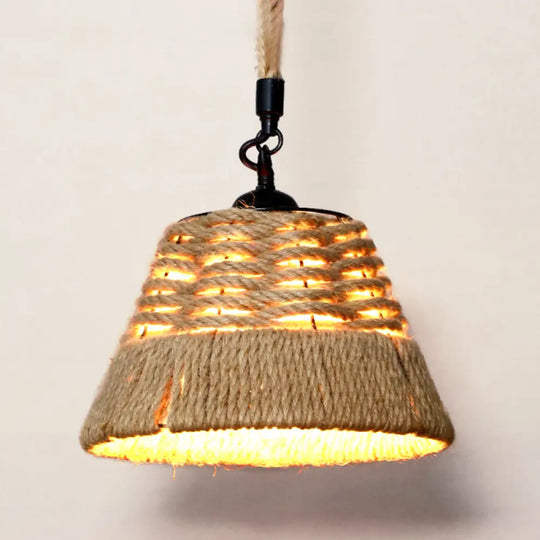 Hemp Rope Rustic Pendant Light With Caged Design And Brown Finish For Restaurants / C