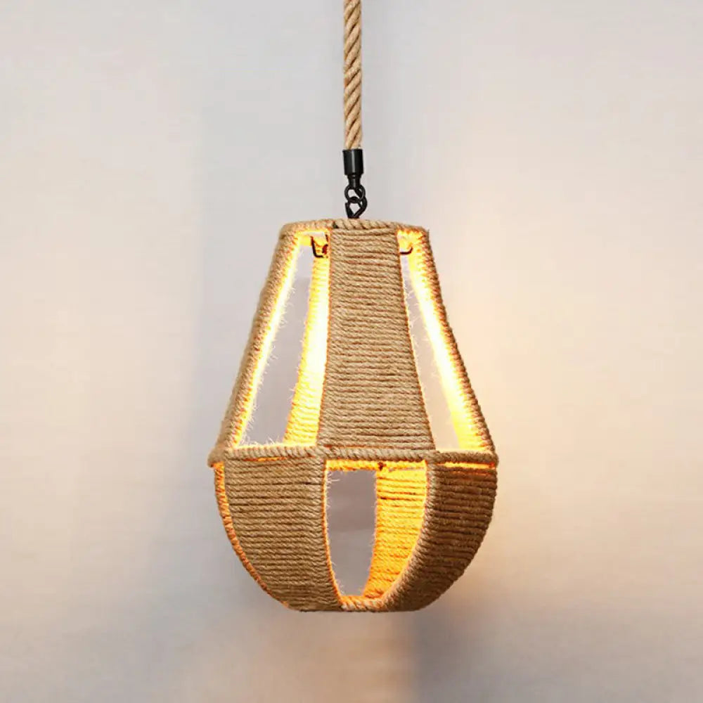 Hemp Rope Rustic Pendant Light With Caged Design And Brown Finish For Restaurants / D