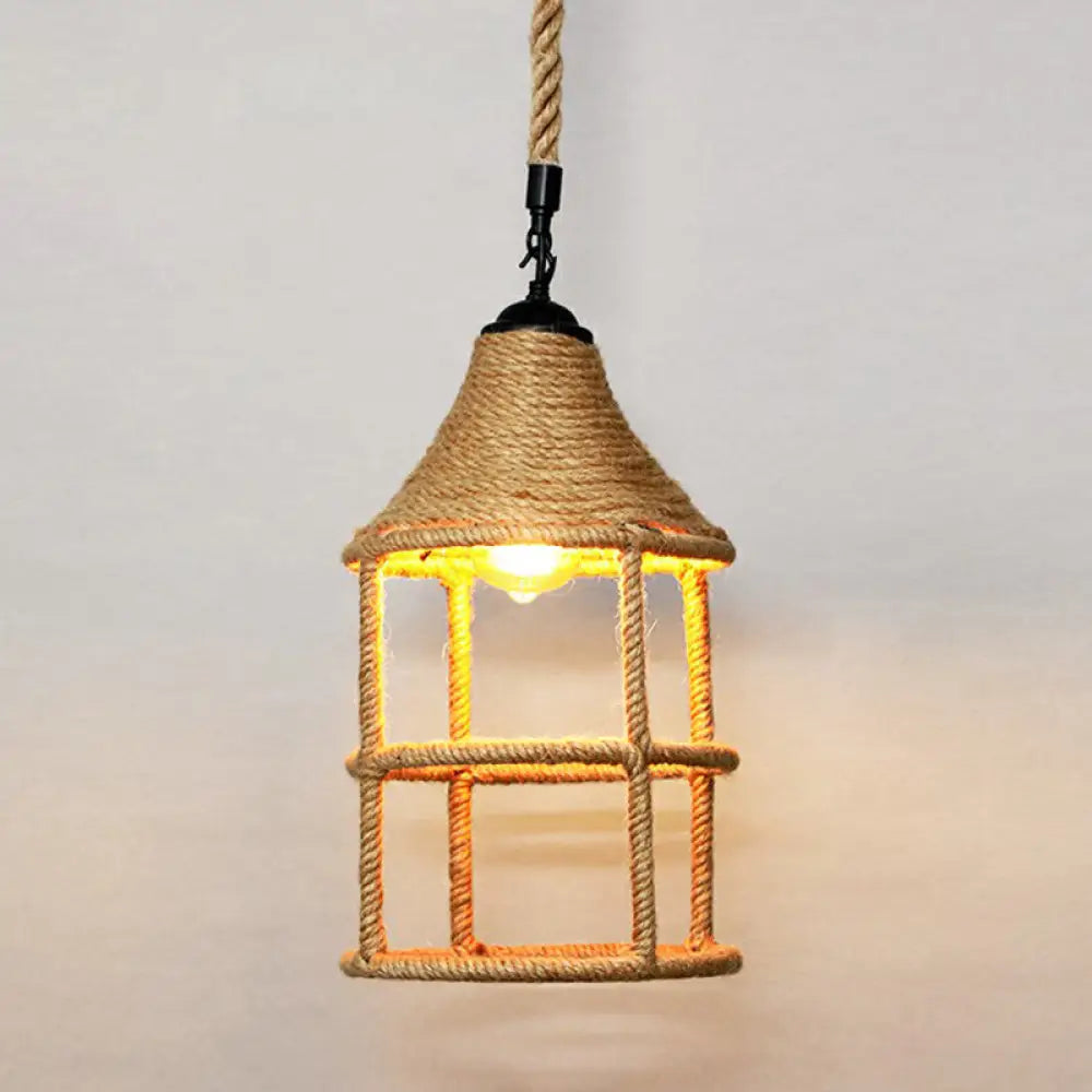 Hemp Rope Rustic Pendant Light With Caged Design And Brown Finish For Restaurants / E