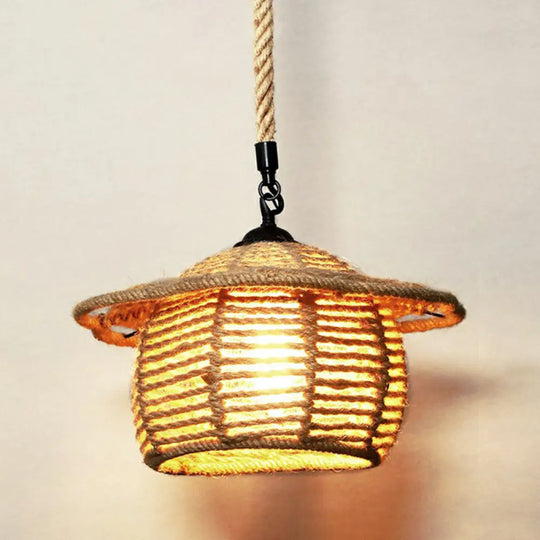 Hemp Rope Rustic Pendant Light With Caged Design And Brown Finish For Restaurants / F