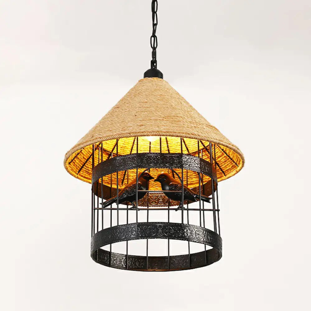 Hemp Rope Rustic Pendant Light With Caged Design And Brown Finish For Restaurants / G