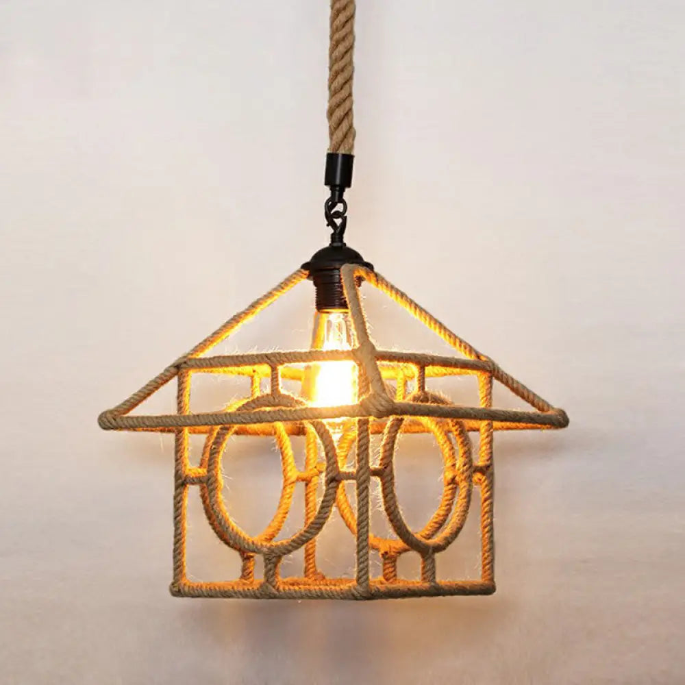 Hemp Rope Rustic Pendant Light With Caged Design And Brown Finish For Restaurants / I