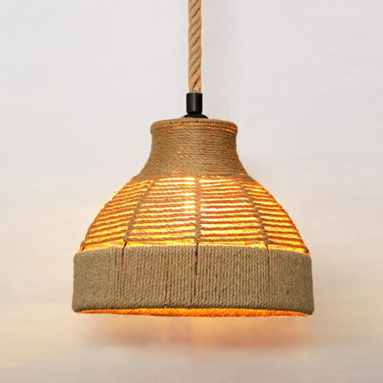 Hemp Rope Rustic Pendant Light With Caged Design And Brown Finish For Restaurants / K