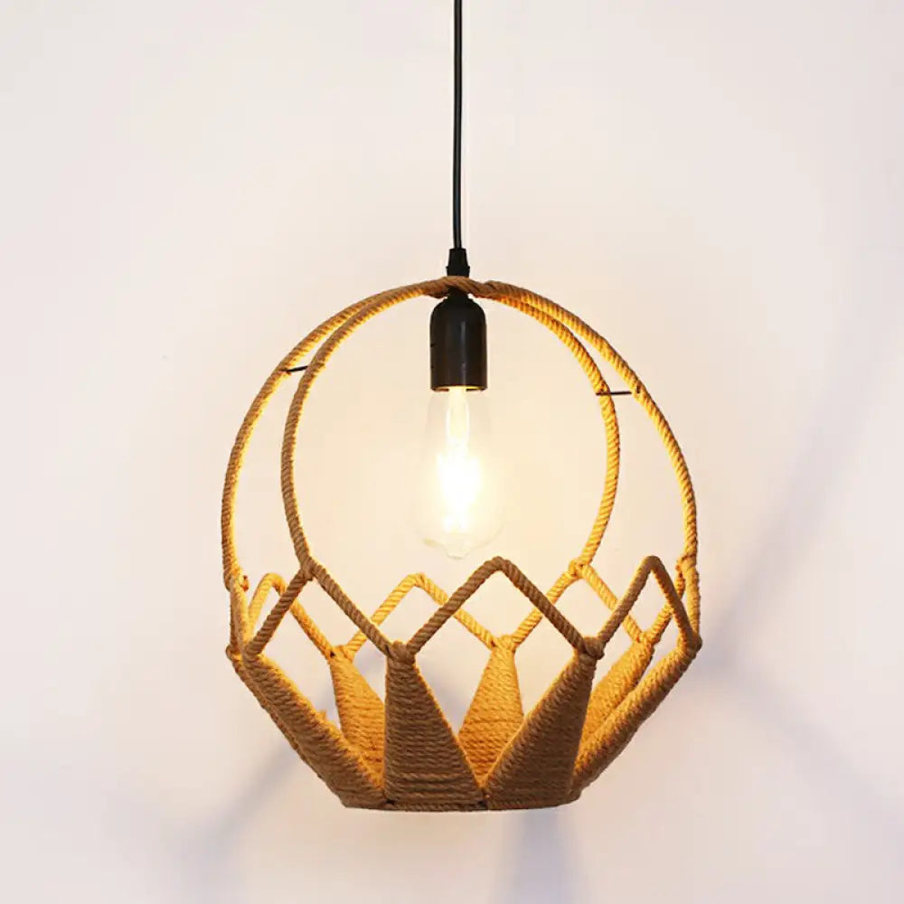 Hemp Rope Rustic Pendant Light With Caged Design And Brown Finish For Restaurants / L