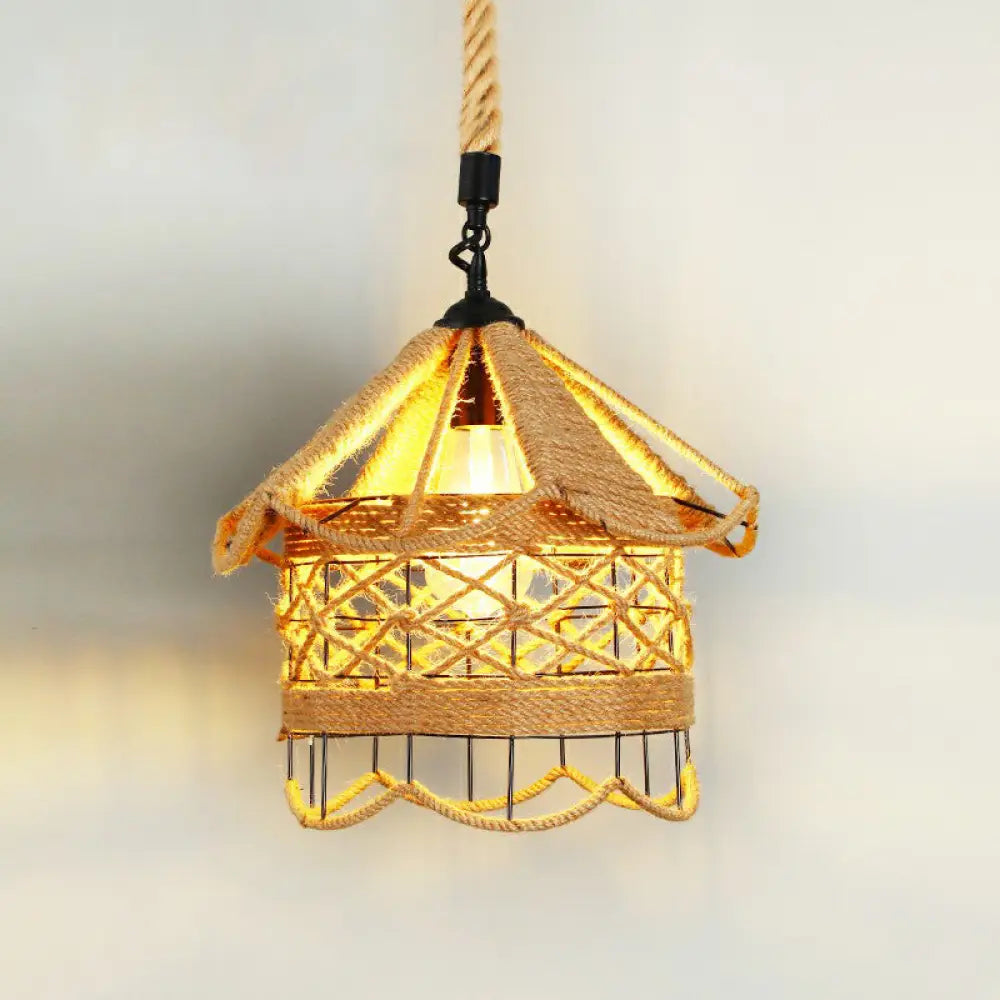 Hemp Rope Rustic Pendant Light With Caged Design And Brown Finish For Restaurants / M