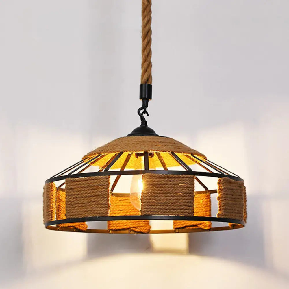 Hemp Rope Rustic Pendant Light With Caged Design And Brown Finish For Restaurants / N