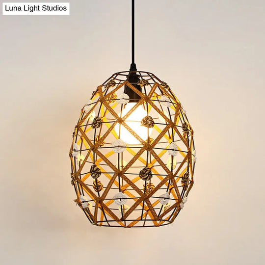 Antique 1-Light Hemp Rope Pendant Light - Brown | Rustic Restaurant Hanging Fixture / K