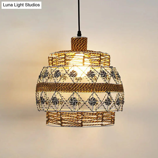 Antique 1-Light Hemp Rope Pendant Light - Brown | Rustic Restaurant Hanging Fixture / F