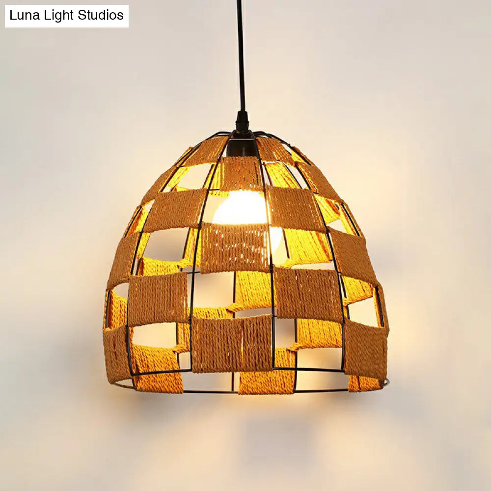 Antique 1-Light Hemp Rope Pendant Light - Brown | Rustic Restaurant Hanging Fixture / I