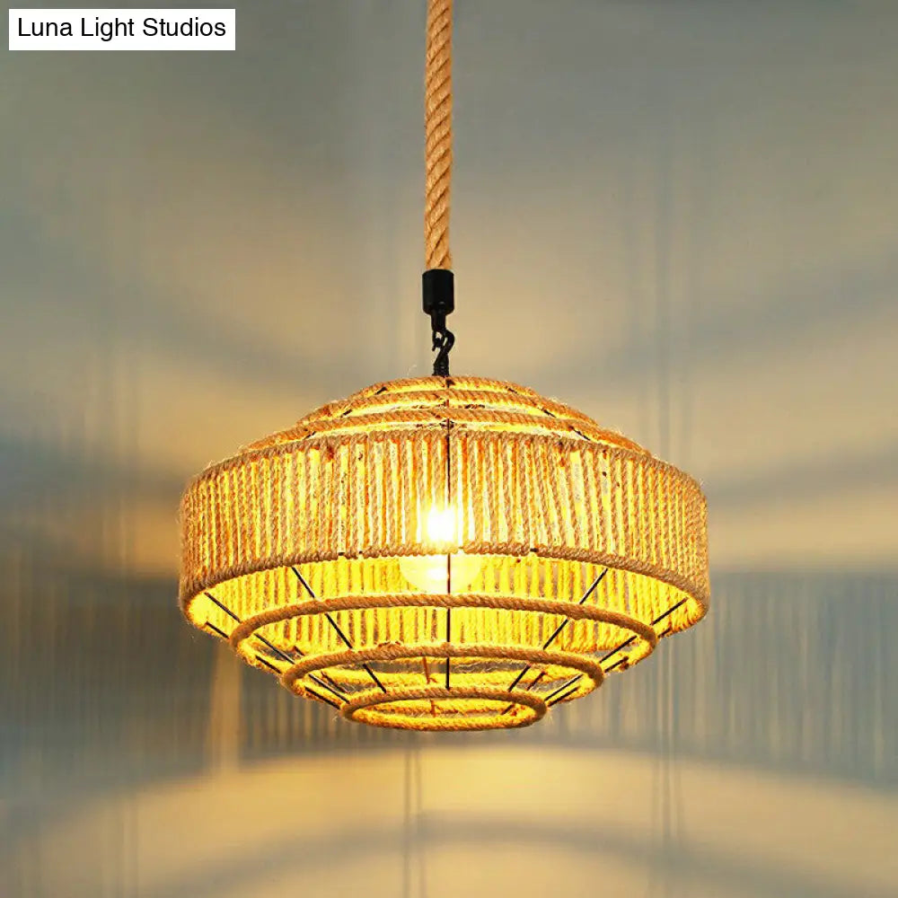 Antique 1-Light Hemp Rope Pendant Light - Brown | Rustic Restaurant Hanging Fixture / M