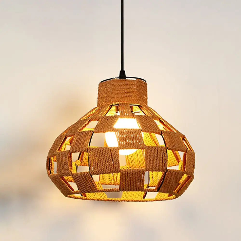 Hemp Rope Shaded Pendant Light - Antique 1-Light Hanging Fixture For Restaurants In Brown / H