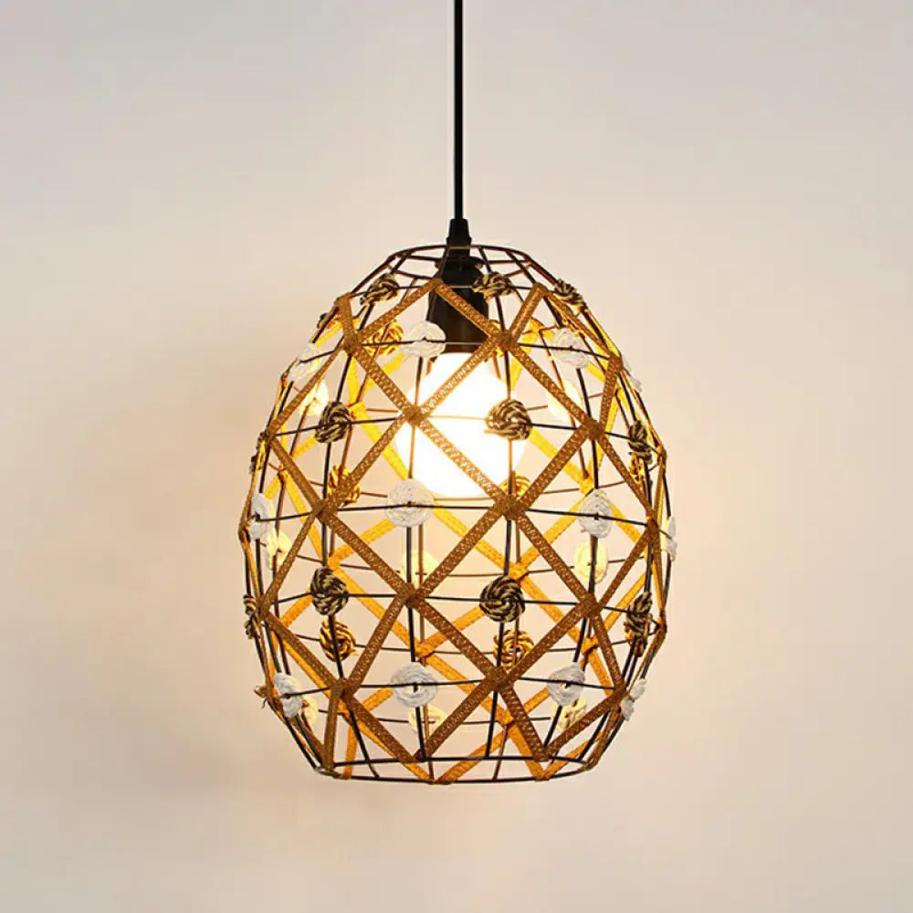 Hemp Rope Shaded Pendant Light - Antique 1-Light Hanging Fixture For Restaurants In Brown / K