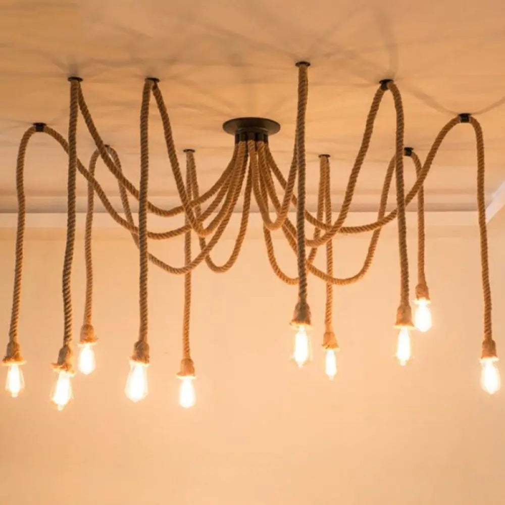 Hemp Rope Spider Chandelier - Rustic Flaxen Lighting For Restaurants 10 /