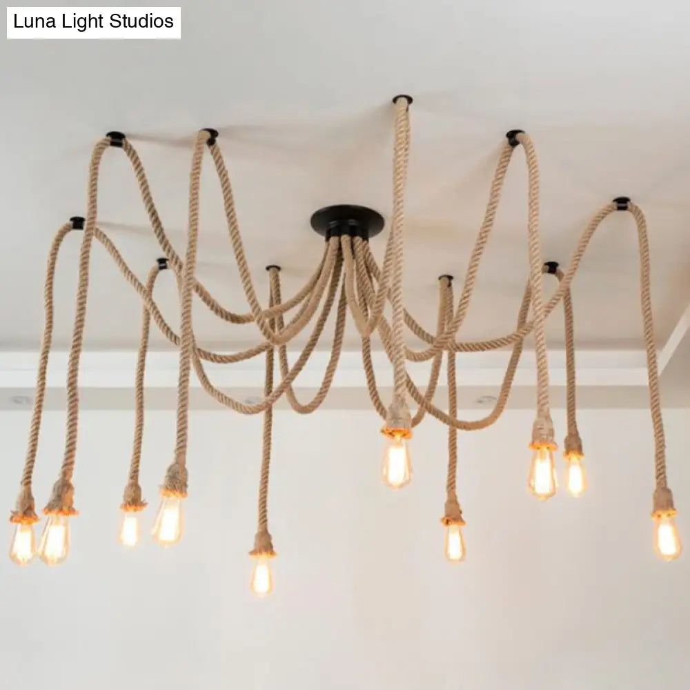 Hemp Rope Spider Chandelier - Rustic Flaxen Lighting For Restaurants