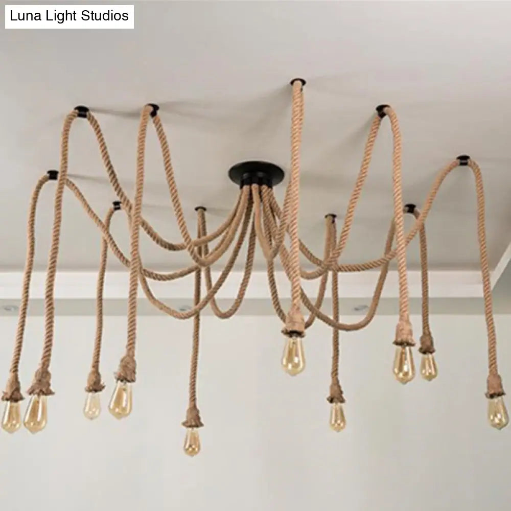 Hemp Rope Spider Chandelier - Rustic Flaxen Lighting For Restaurants