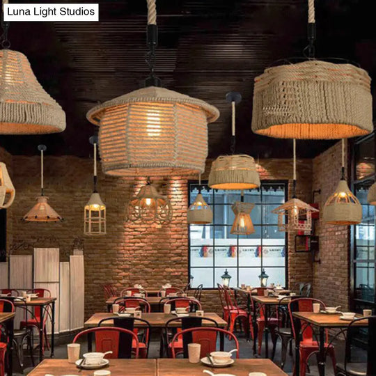 Hemp Rope Industrial Ceiling Light In Brown For Restaurants - Elegant Pendant Lighting