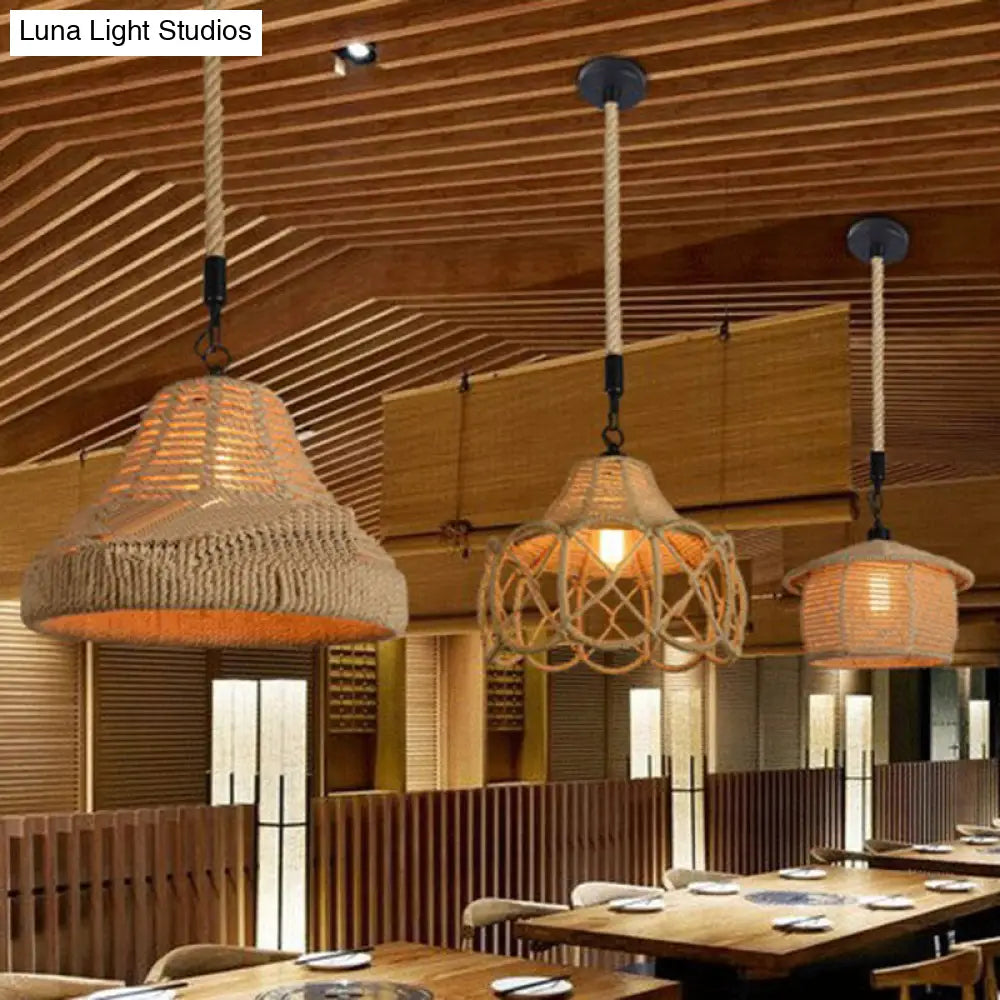 Hemp Rope Industrial Ceiling Light In Brown For Restaurants - Elegant Pendant Lighting