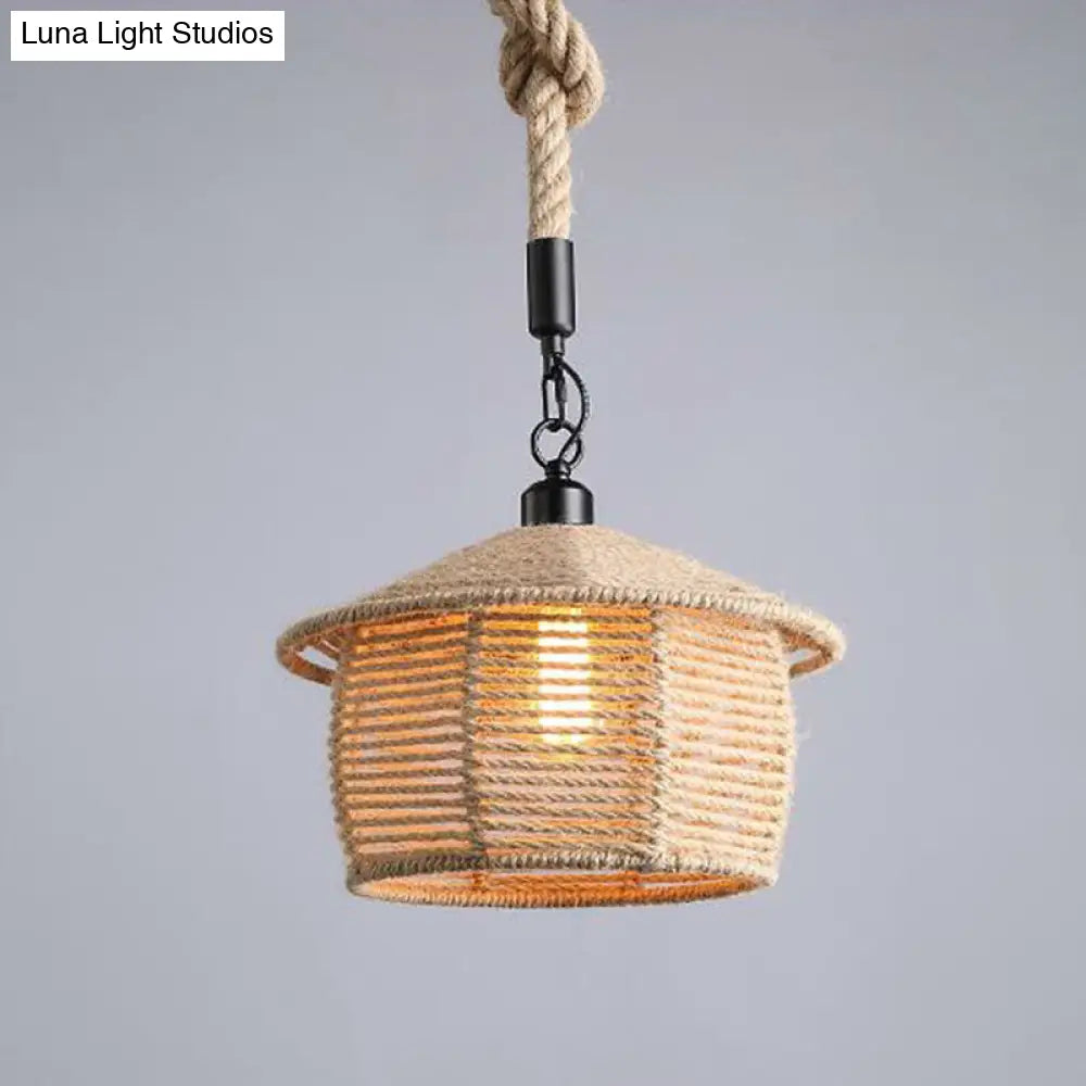 Hemp Rope Industrial Ceiling Light In Brown For Restaurants - Elegant Pendant Lighting / D