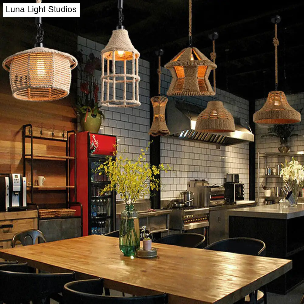 Hemp Rope Industrial Ceiling Light In Brown For Restaurants - Elegant Pendant Lighting