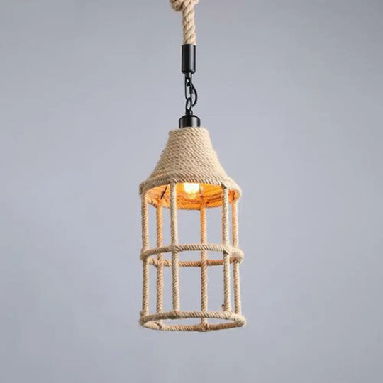 Hemp Rope Wrapped Ceiling Pendant Light - Industrial Single-Chain Design Brown Finish / A