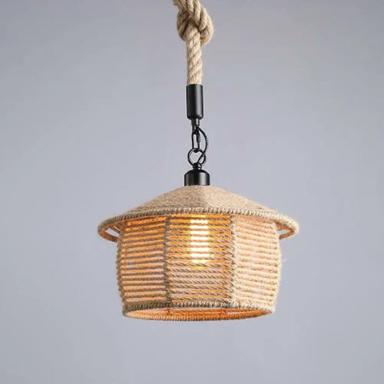 Hemp Rope Wrapped Ceiling Pendant Light - Industrial Single-Chain Design Brown Finish / D