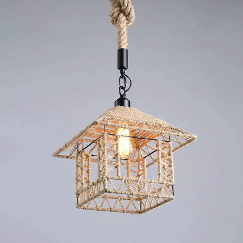 Hemp Rope Wrapped Ceiling Pendant Light - Industrial Single-Chain Design Brown Finish / G