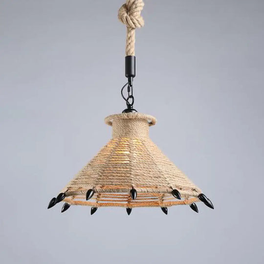 Hemp Rope Wrapped Ceiling Pendant Light - Industrial Single-Chain Design Brown Finish / H