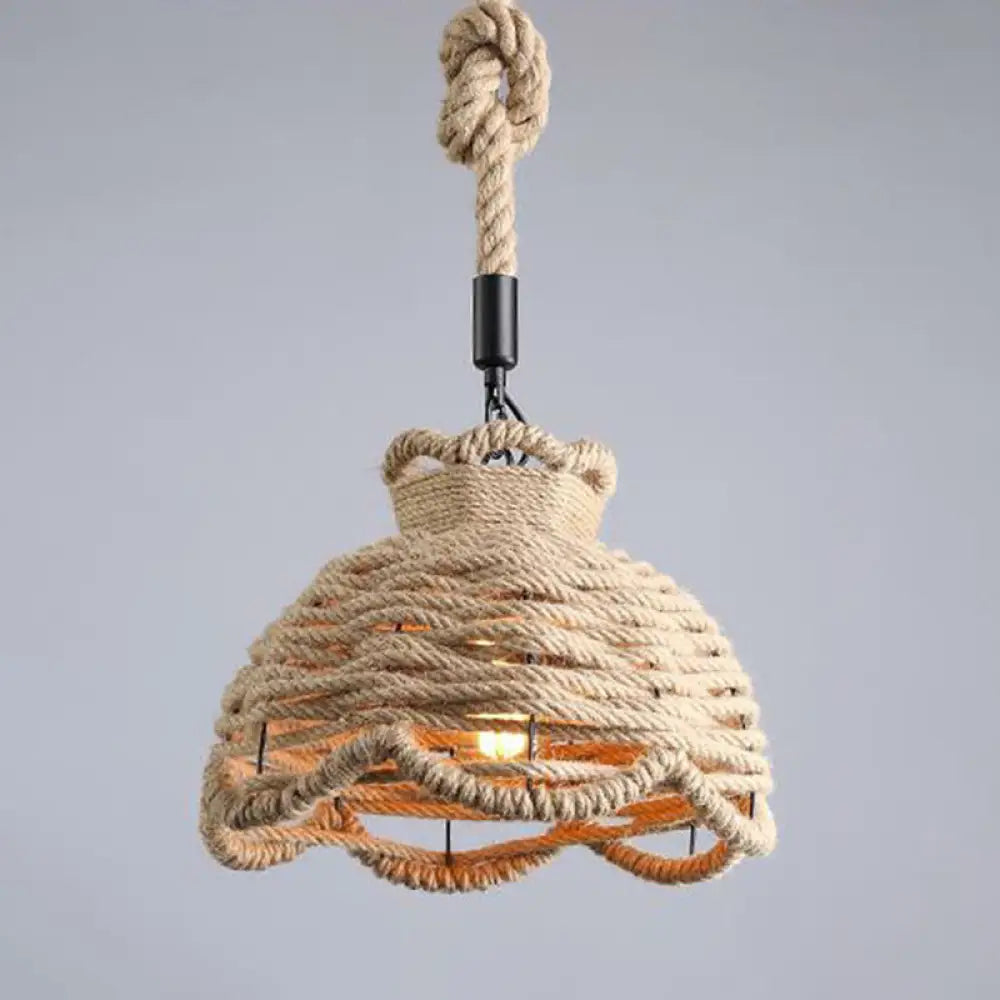 Hemp Rope Wrapped Ceiling Pendant Light - Industrial Single-Chain Design Brown Finish / K