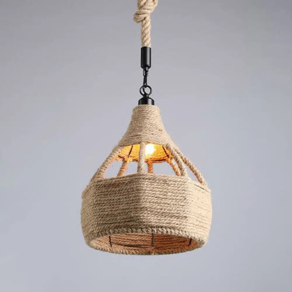 Hemp Rope Wrapped Ceiling Pendant Light - Industrial Single-Chain Design Brown Finish / L