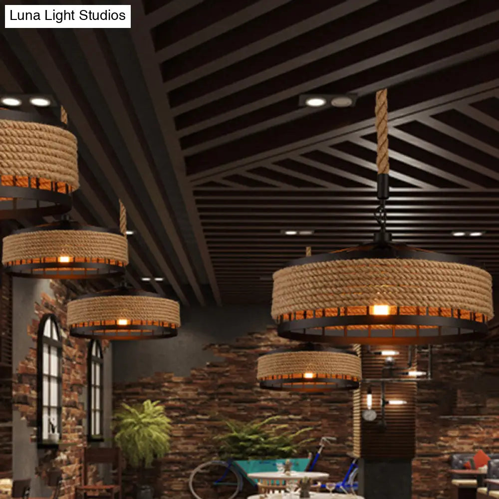 Hemp Rope Yurt Pendant Light Fixture For Rustic Restaurants - Black