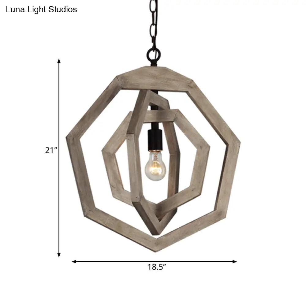 Heptagon Grey/White/Beige Wood Frame Pendant Lamp: Industrial Style Hallway Hanging Kit