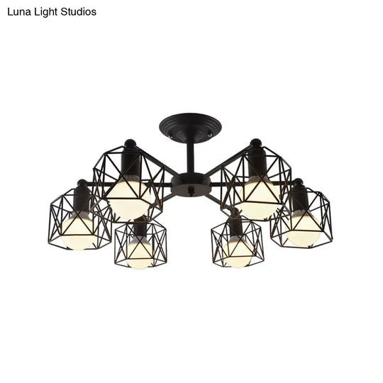 Hexagon Cage Metal Semi-Flush Mount Ceiling Light In Vintage Style - 6/8/10 Heads Black