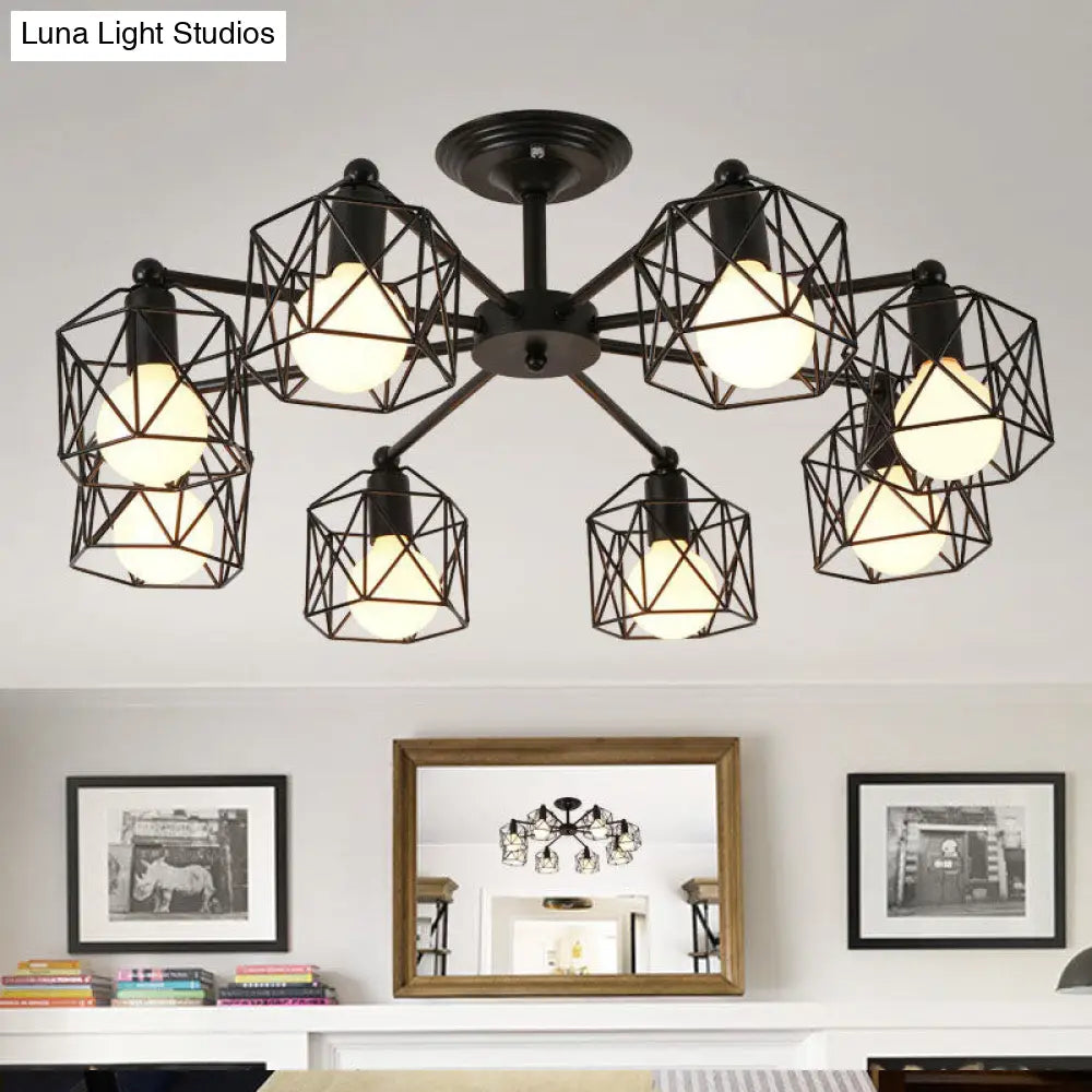 Hexagon Cage Metal Semi-Flush Mount Ceiling Light In Vintage Style - 6/8/10 Heads Black 8 /