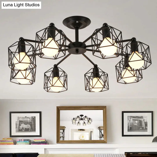 Hexagon Cage Metal Semi-Flush Mount Ceiling Light In Vintage Style - 6/8/10 Heads Black 8 /