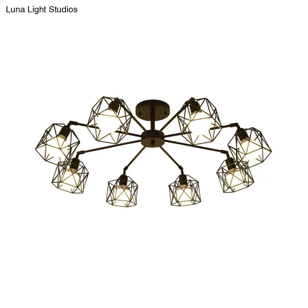 Hexagon Cage Metal Semi-Flush Mount Ceiling Light In Vintage Style - 6/8/10 Heads Black