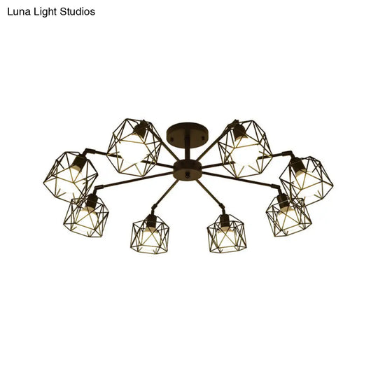 Hexagon Cage Metal Semi-Flush Mount Ceiling Light In Vintage Style - 6/8/10 Heads Black