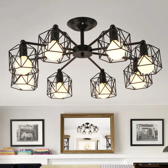 Hexagon Cage Metal Semi-Flush Mount Ceiling Light In Vintage Style - 6/8/10 Heads Black 8 /