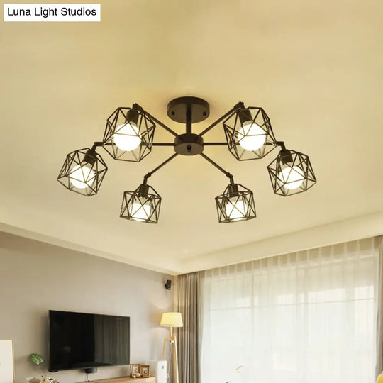 Hexagon Cage Metal Semi-Flush Mount Ceiling Light In Vintage Style - 6/8/10 Heads Black