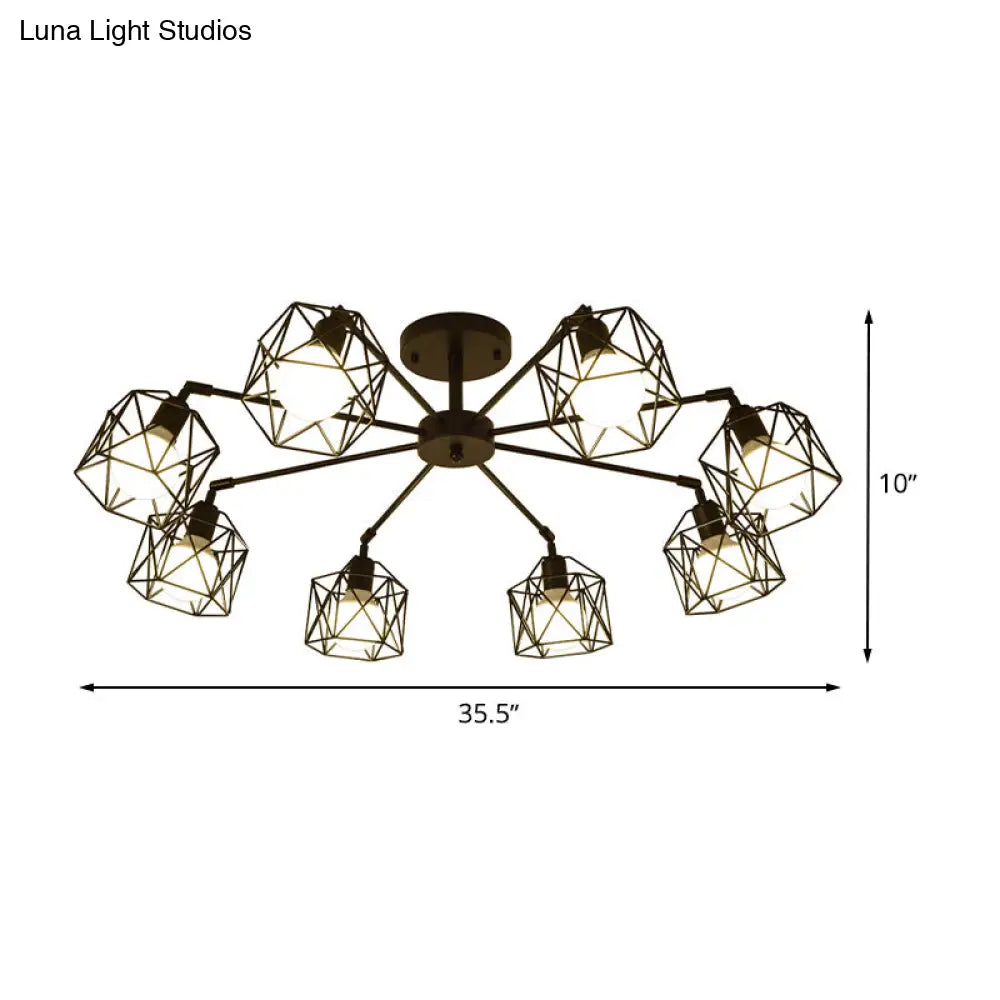 Hexagon Cage Metal Semi-Flush Mount Ceiling Light In Vintage Style - 6/8/10 Heads Black