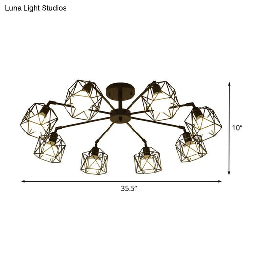 Hexagon Cage Metal Semi-Flush Mount Ceiling Light In Vintage Style - 6/8/10 Heads Black